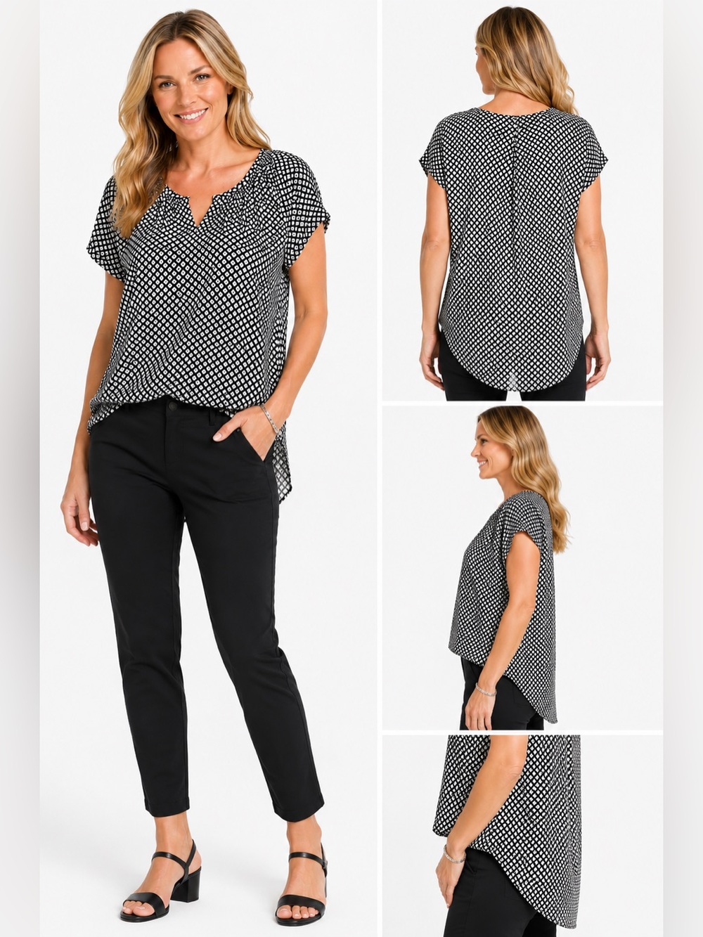 PELIONE WOMENS BLACK & WHITE SHORT SLEEVE V-NECK HI-LOW
BLOUSE SIZE XL